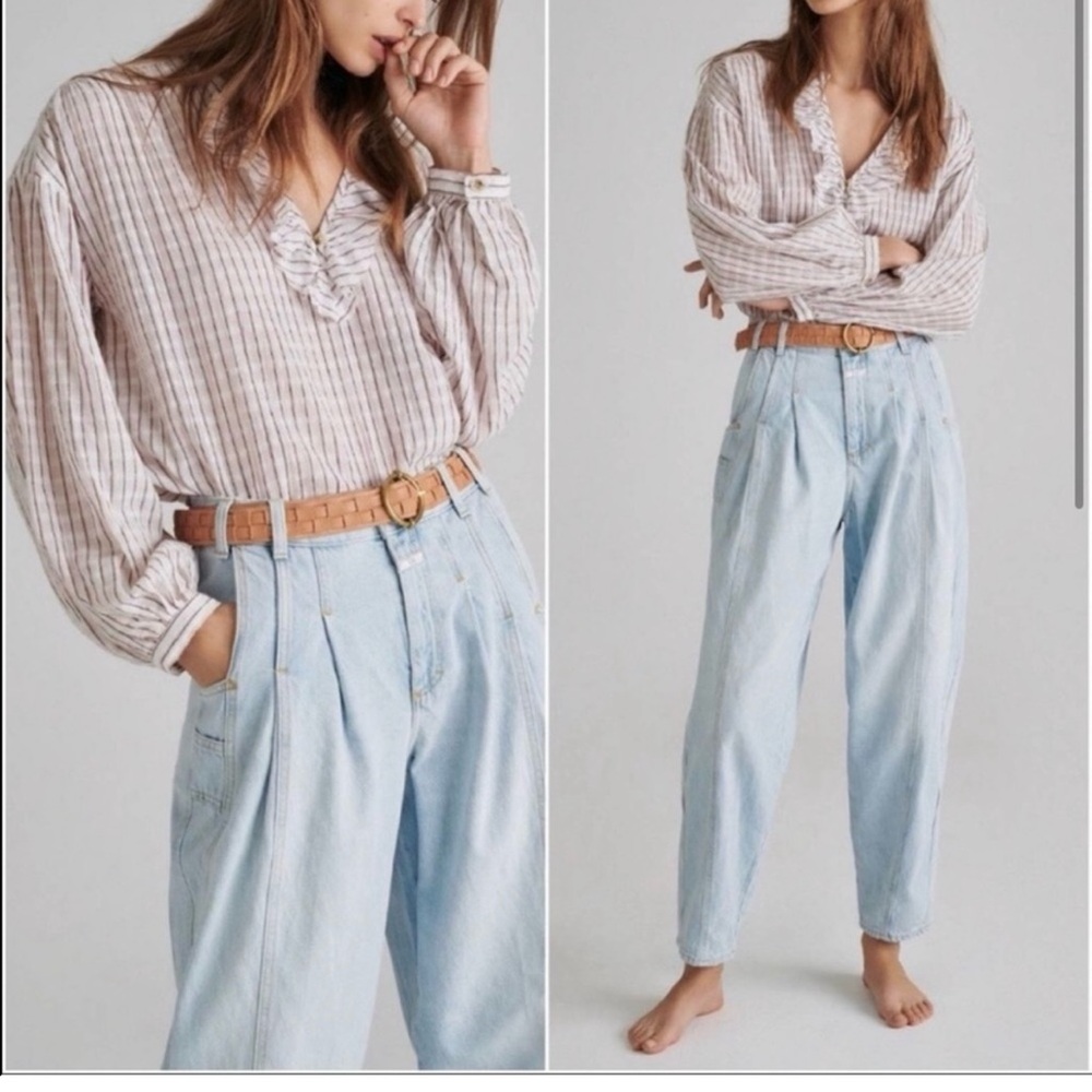 Pilcro Beige Striped Ruffle Blouse